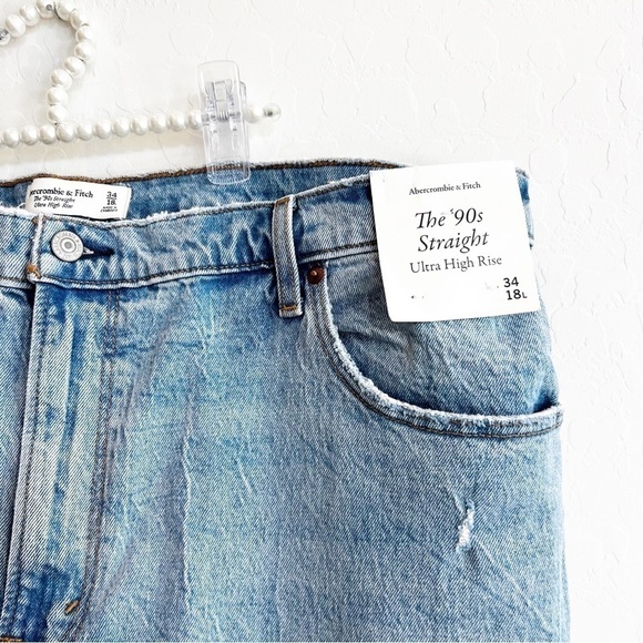 NEW Abercrombie & Fitch Women's 90's Straight Jeans Busted Knee Plus 34/18 Long - Picture 4 of 6